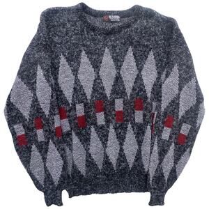 Scandia Vintage 90s Geometric Eyelash Pullover Grandpa Sweater Men's XL Gray Red